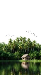 Tranquil tropical island paradise with a rustic hut nestled amongst lush palm trees and dense green foliage reflected in calm water