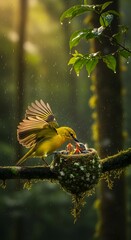Golden yellow bird feeding its chicks in a nest on a mossy branch in a lush green forest with soft sunlight filtering through the trees