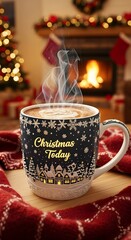 Cozy christmas morning scene with steaming mug of hot chocolate by a warm fireplace and decorated tree