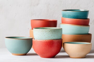 Handmade pottery bowls in red ochre and turquoise stacked artistically, showcasing unique textures and colors, perfect for home decor and culinary presentations