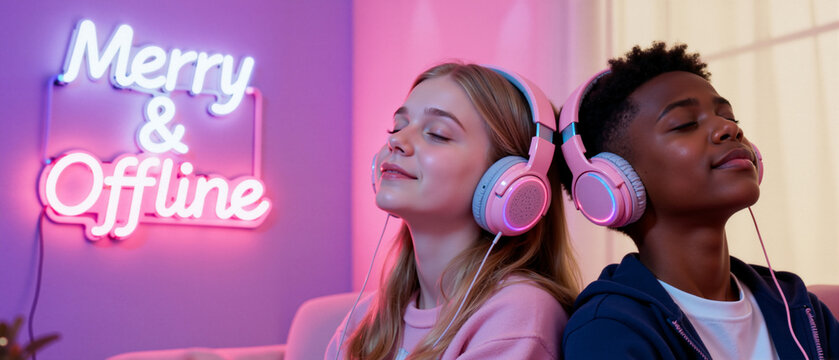 Diverse teenage friends listening to music on headphones. Young couple relaxing with a "Merry & Offline" neon sign. Digital detox and youth culture concept
