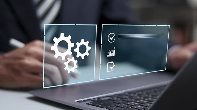 Automation, industrial business process workflow optimisation concept. RPA, robotic process automation, artificial intelligence, digital transformation and change management.