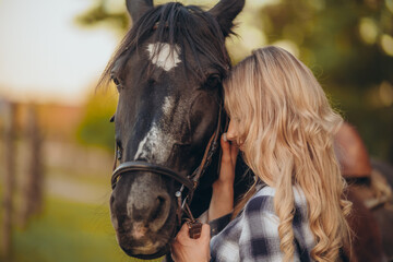 A young woman with a horse stands near a fence in autumn at sunset. Breeding thoroughbred horses for equestrian sport.