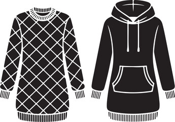 Black and white outline of cozy patterned sweater and casual hooded sweatshirt Vector