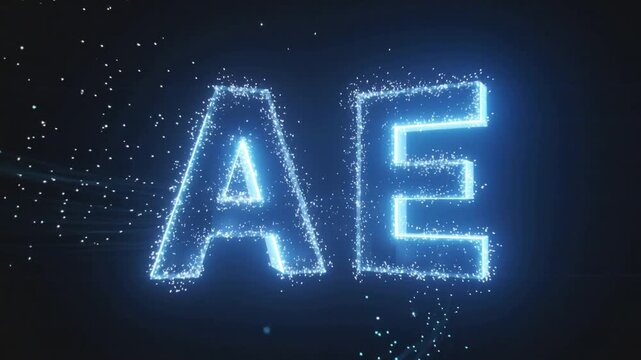 Glowing Blue Neon Letters AE Intertwined with Light Streaks and Particles alphabet.