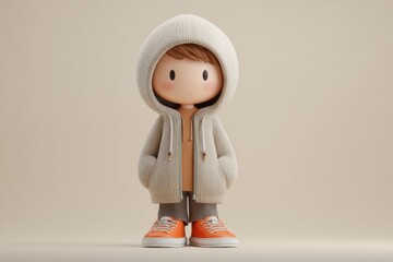 3D cute character, cartoon boy in a knitted hoodie and orange sneakers, adorable doll figure. Little smiling kid, charming 3D character design, full-length render