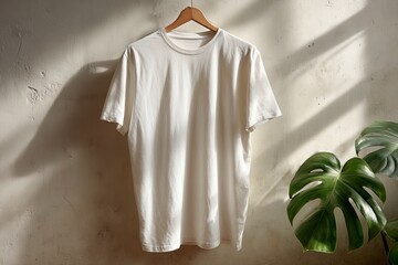 Blank cream t-shirt mockup, simple tee hanging on a wooden hanger on a textured concrete wall with strong window shadows.