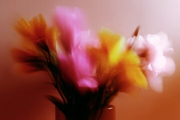 Abstract floral motion blur, bouquet of soft roses with colorful pink and orange light streaks on dark background. Artistic impression, moody aesthetic