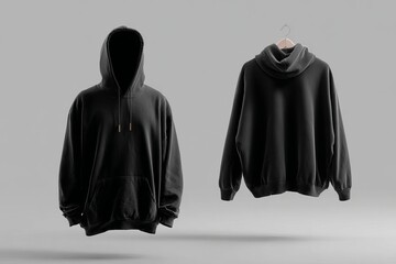 Black hoodie clothes mockup, blank sweatshirt template, front and back view floating on a grey studio background. Oversized hooded apparel, streetwear garment for showcasing custom graphics.