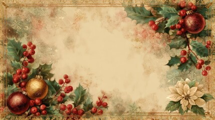 Vintage christmas corner border with baubles holly berries pine needles and poinsettia on aged parchment paper