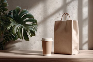 Blank paper bag mockup and a coffee cup on a wooden table in front of a window with a monstera plant and deep shadows. Eco-friendly packaging template, cozy retail design display with natural light.