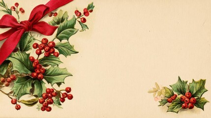 Vintage christmas card border with red ribbon and holly berries on a textured cream background