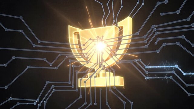 Golden Trophy Connected to Glowing Blue Circuit Board Lines and Nodes award victory.
