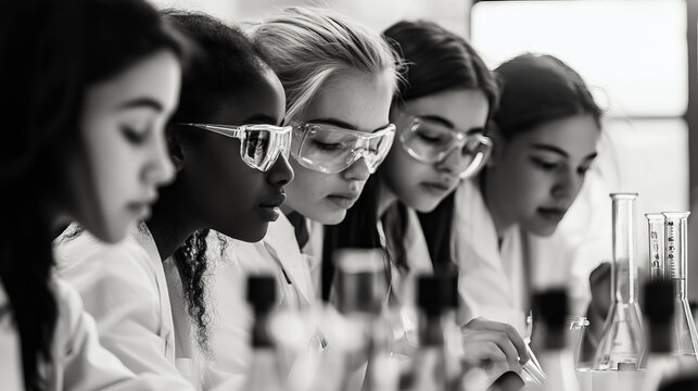Diverse female students working in science lab, focusing on experiments together for International Week of Science and Peace, World Science Day for Peace and Development 