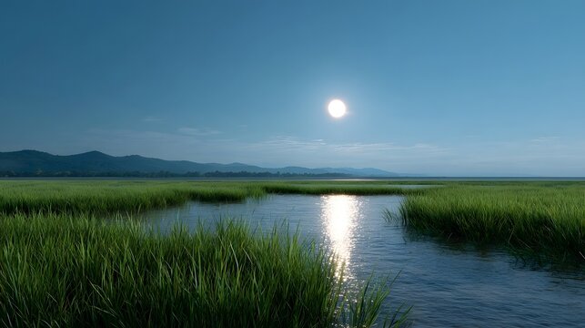A tranquil marshland landscape under a clear blue sky with a bright sun or moon reflecting on the water and lush green grass - Powered by Adobe
