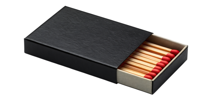 Black matchbox with red tipped matches partially open, cutout, PNG isolated on transparent background