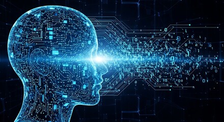 Digital Human Head with Circuitry and Binary Code artificial intelligence