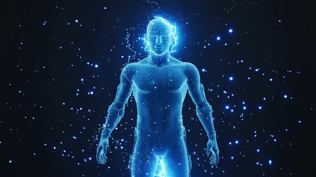 Humanoid Figure Composed of Digital Circuits and Lightning Strikes.