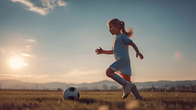 Little Girl Playing Soccer in a Field at Sunset Captures the Joy of Youthful Sports - Powered by Adobe
