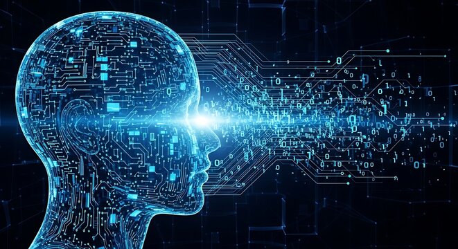 Digital Human Head with Circuitry and Binary Code artificial intelligence - Powered by Adobe