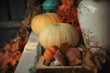 Cozy autumn display with pumpkins, flowers, and dried leaves at sunset