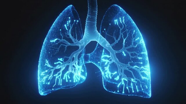 Illuminated Digital Lungs With Glowing Blue Circuitry And Branches human anatomy.