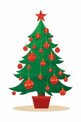 Illustration of a Christmas Tree with Red Ornaments and Star Topper