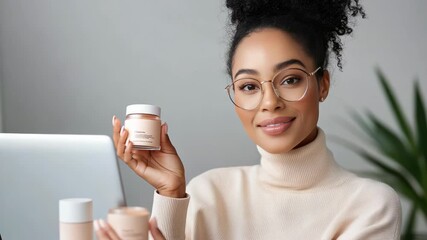 beauty consultant demonstrating makeup product during online livestream to remote customer, virtual consultation, digital retail, personal care and beauty concept, modern technology
