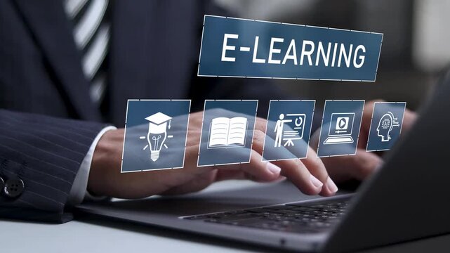 E-learning, Education technology concept. Webinar, online education and training to develop new skills and knowledge. AI-enhanced learning with personalized courses.