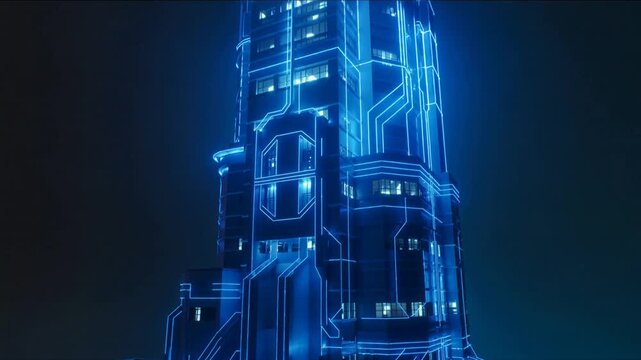 Modern skyscraper building illuminated with glowing blue circuit board lines at night architecture futuristic.