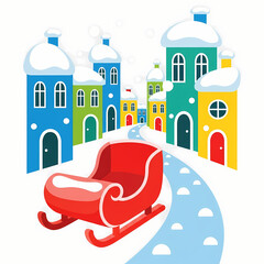 Red sleigh on snowy path in colorful winter village scene  