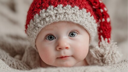 A super realistic, adorable close-up portrait of a baby wearing a festive red and white Santa hat, lying on a soft, light-colored blanket or sheet. 