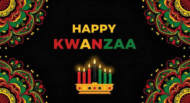 Black background with happy kwanzaa greeting and colorful geometric patterns celebrating african harvest festival. Vector illustration.