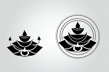 "Abstract geometric black and white vector Diwali illustration featuring diya lamps made of polygonal shapes and concentric circles, modern minimal design with clean symmetry, isolated on white 