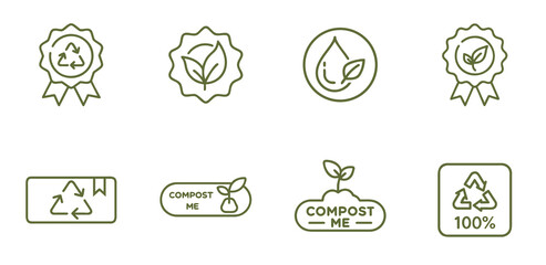 Eco Recycling and Composting Outline Icon Set, Vector
