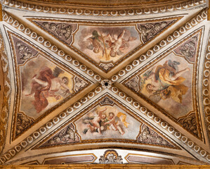 Fototapeta premium Perugia - The ceiling fresco of angels with the symbolic instruments in the church Cattedrale di San Lorenzo by local artists (Accademia di belle Arti) from 18. and 19. cent.