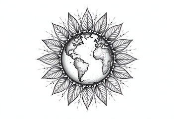 "Surreal conceptual vector illustration of Earth transforming into a recycling mandala — leaves, water drops, and solar cells radiating symmetrically, elegant line-art style in black and white, isolat