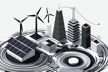 "Abstract geometric vector illustration representing sustainable city and renewable energy, with solar panels, wind turbines, and eco-buildings made from polygonal lines and concentric circular shapes