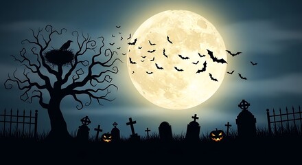 Halloween Night with Full Moon, Bats, and Graveyard