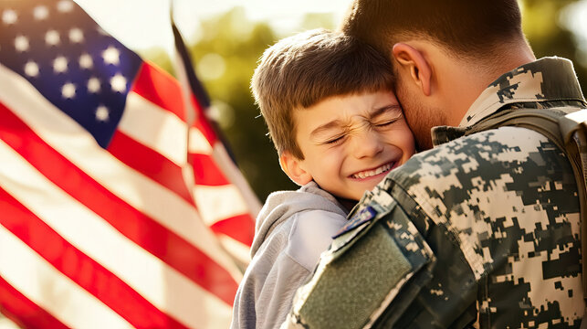 Touching reunion moment: Soldier father hugging his son with american flag backdrop for Veterans, Memorial Day concept. Lettering Veterans Day. Honoring All Who Served
