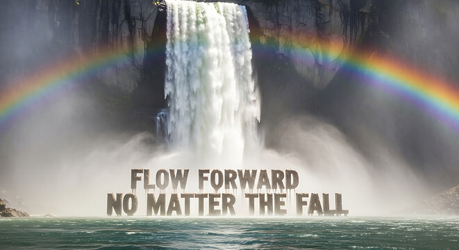 Inspiring waterfall landscape with a vibrant rainbow and the message to flow forward, perfect for motivational and travel themed projects, conveying resilience and natural beauty