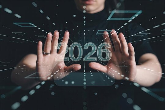 Hands touching a glowing virtual projection of the year 2026 on a dark digital interface, representing future vision and strategic planning. - Powered by Adobe