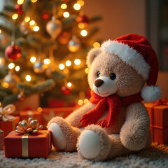 Teddy Bear cheerful sitting with gifts against a decorated Christmas tree