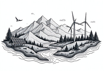 "Organic-mechanical hybrid vector artwork depicting renewable energy ecosystem — flowing lines forming mountains, solar grids, rivers, and windmills — blending nature and technology in balanced black 