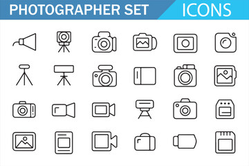 Vector linear icons of photo gear, digital cameras, and creative tools