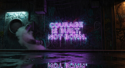 Inspiring neon sign boldly declares "Courage is Built, Not Born" in a gritty, urban alleyway reflecting in wet ground, creating a powerful motivational message for growth and resilience.