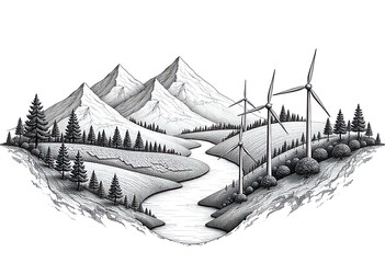 "Organic-mechanical hybrid vector artwork depicting renewable energy ecosystem — flowing lines forming mountains, solar grids, rivers, and windmills — blending nature and technology in balanced black 
