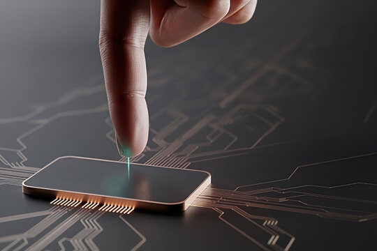 Biometric Authentication: Human finger connecting with a glowing microchip processor on a dark circuit board, symbolizing AI, data transfer, and next-generation security technology.