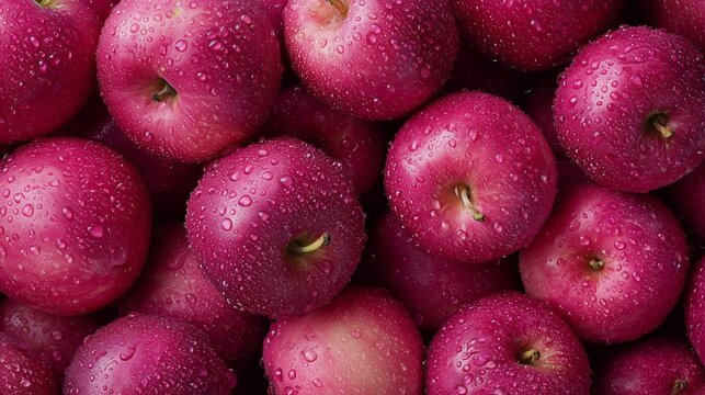 top down view of pink apples with water droplets vibrant fresh food photography