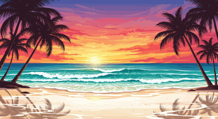 Vibrant tropical sunset paints the sky with fiery hues over gentle ocean waves and silhouetted palm trees on a serene beach paradise.